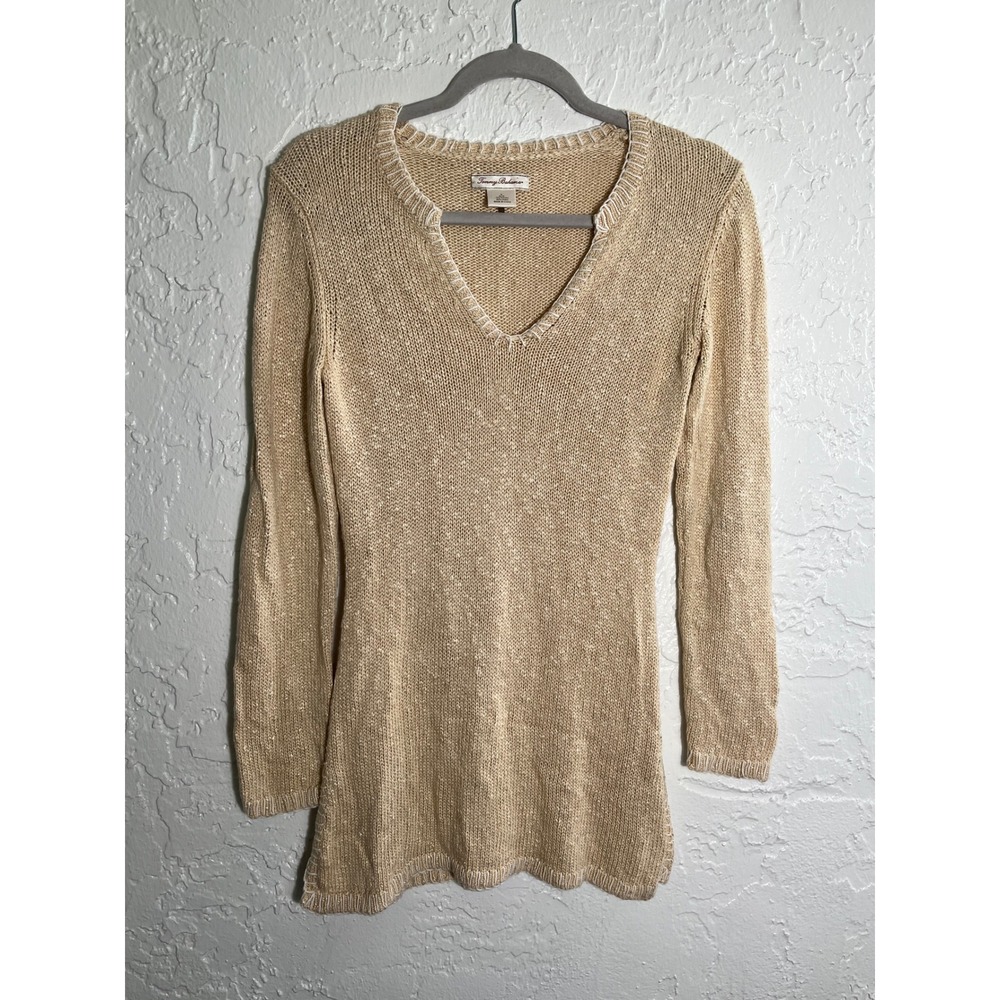 Tommy‎ Bahama Women's Medium Beige Linen Blend V-Neck Tunic Sweater